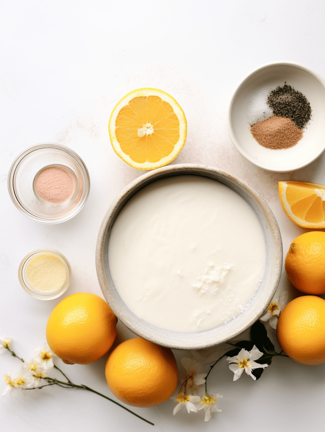 Overhead flat lay of plain yogurt, fresh oranges and spices on a light background