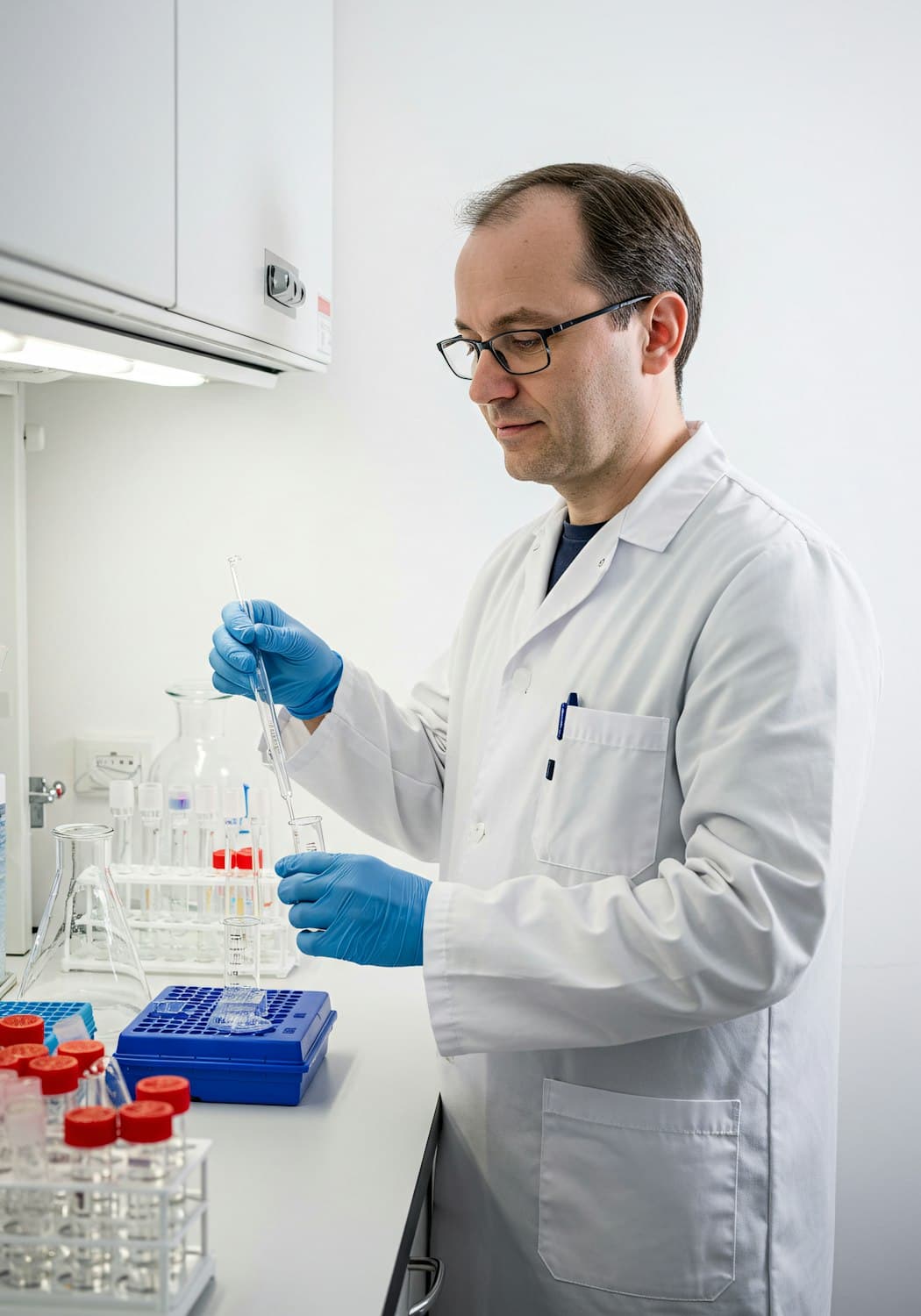 A technician using a pipette in a clean laboratory, surrounded by test tubes and equipment